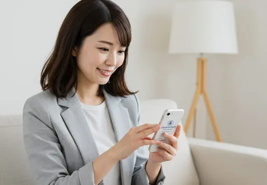 スマートフォンを操作して無料相談を申し込む女性